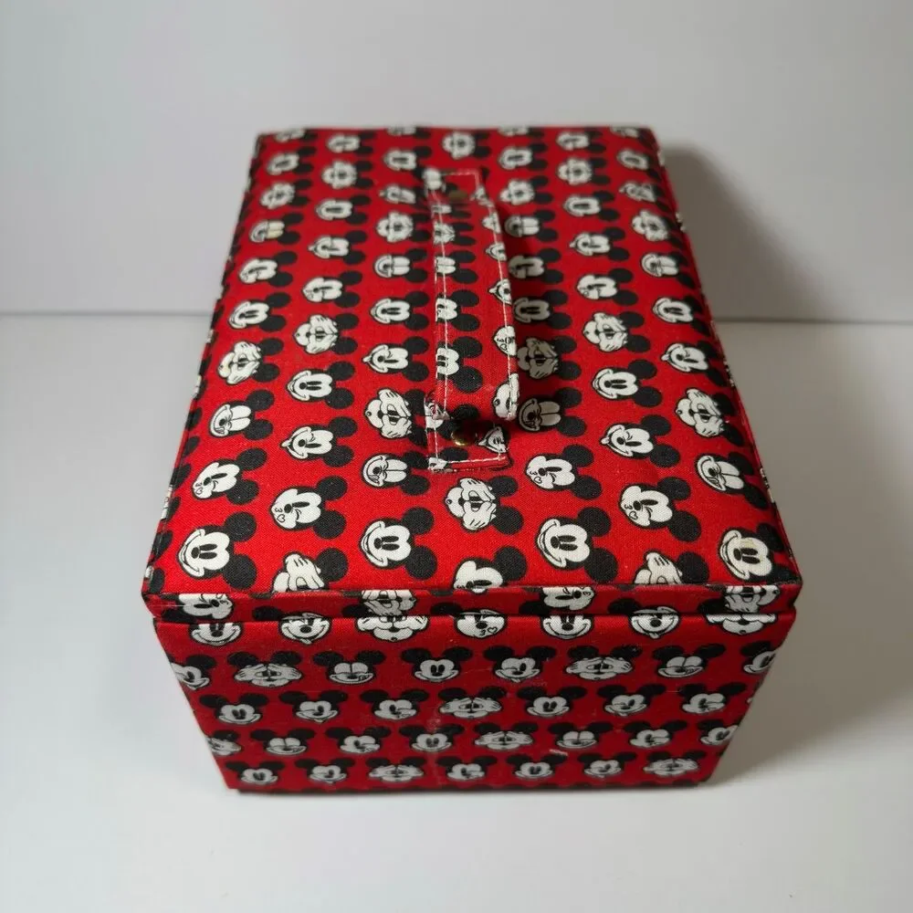 Disney Mickey Mouse Fabric Sewing Basket Box Organizer Handle Red Black Storage